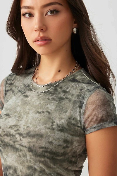 Ardene Ruched Side Mesh T-Shirt in Khaki | Size | Polyester/Elastane