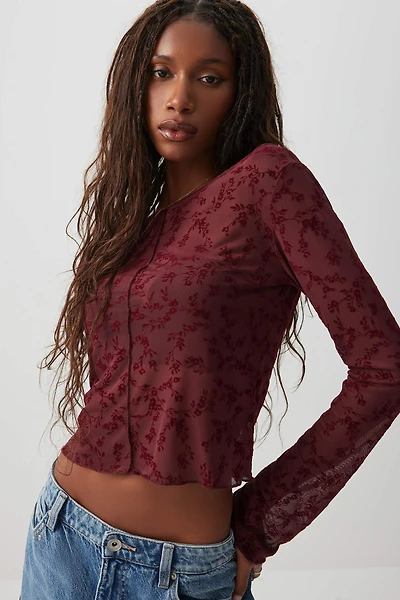 Ardene Flocked Floral Mesh Top in Burgundy | Size | Polyester/Nylon/Elastane