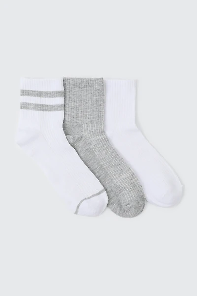 Ardene 3-Pack Solid & Striped Demi Crew Socks in Grey | Polyester/Elastane