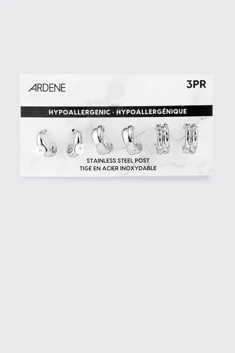 3 paires d'anneaux à perles et cristaux