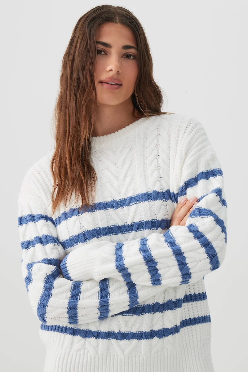 Ardene Striped Long Cable Knit Sweater in White | Size Small | Polyester/Polyamide