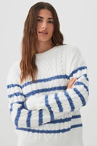 Ardene Striped Long Cable Knit Sweater in White | Size Small | Polyester/Polyamide