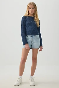 Ardene Kids Denim Shorts with Bow Details in Light Blue | Size | Spandex/Cotton