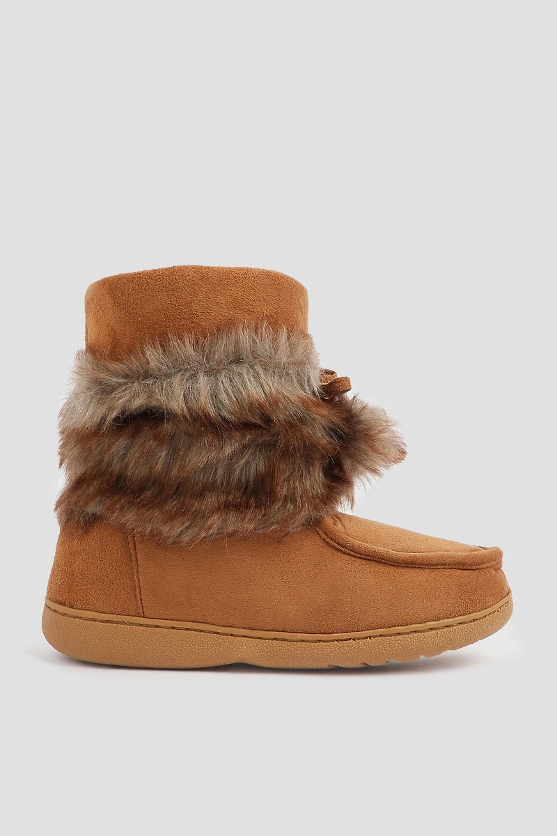 Ardene Bootie Slippers with Faux fur Shaft in Cognac | Size | Faux Suede | Eco-Conscious