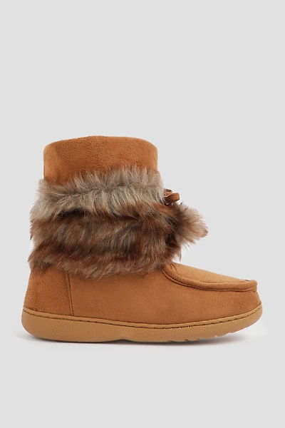 Ardene Bootie Slippers with Faux fur Shaft in Cognac | Size | Faux Suede | Eco-Conscious