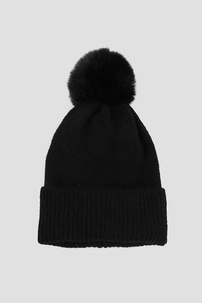 Ardene Soft Beanie with Pompom in Black | Polyester