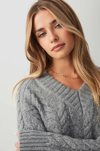 Ardene Cable Knit V-Neck Sweater in Grey | Size | Polyester | Eco-Conscious