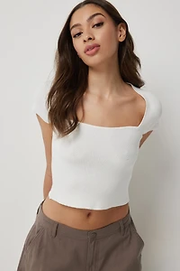 Ardene Crop Knit T-Shirt in White | Size | Polyester/Nylon/Viscose