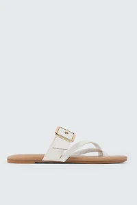 Ardene Toe Loop Flat Sandals with Chunky Buckle in White | Size | Faux Leather | Eco-Conscious