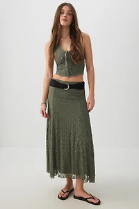 Ardene Lace Maxi Skirt in Dark Green | Size | Polyester/Elastane/Polyamide