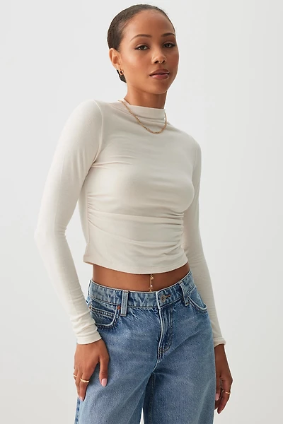 Ardene Ruched Side Long Sleeve Top in Beige | Size | Polyester/Elastane/Viscose