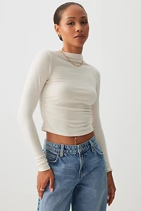 Ardene Ruched Side Long Sleeve Top in Beige | Size | Polyester/Elastane/Viscose