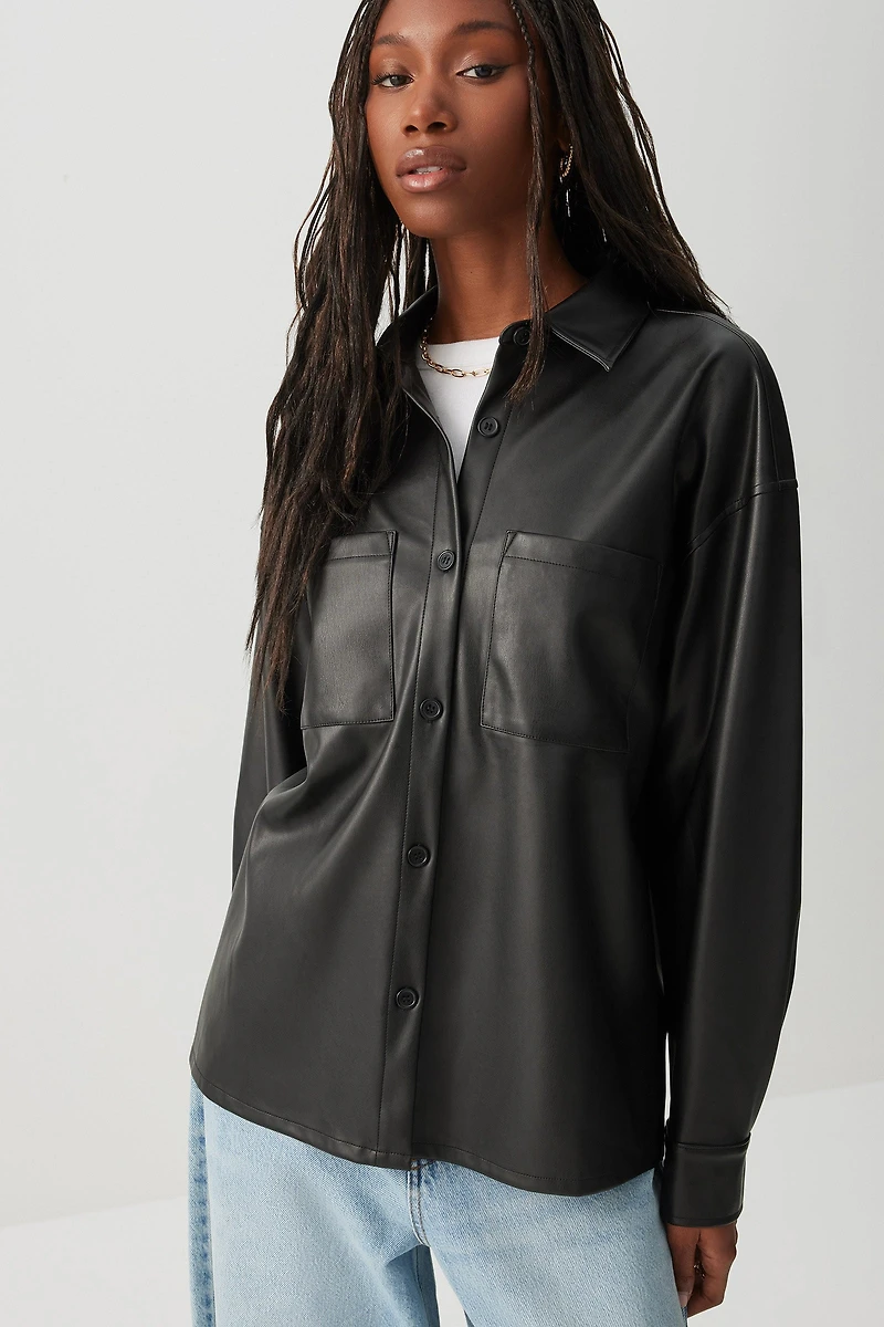 Ardene Faux Leather Shirt in Black | Size | Faux Leather/Polyester