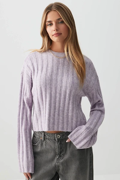 Ardene Crop Fuzzy Rib Crew Neck Sweater in Lilac | Size Small | Polyester
