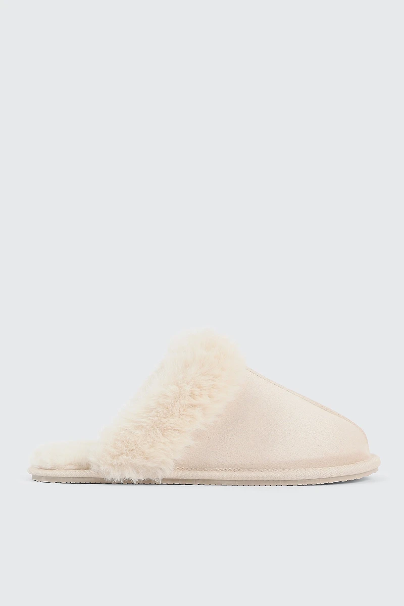 Ardene Mule Slippers with Fur Lining in Beige | Size | Polyester/Faux Suede | Eco-Conscious