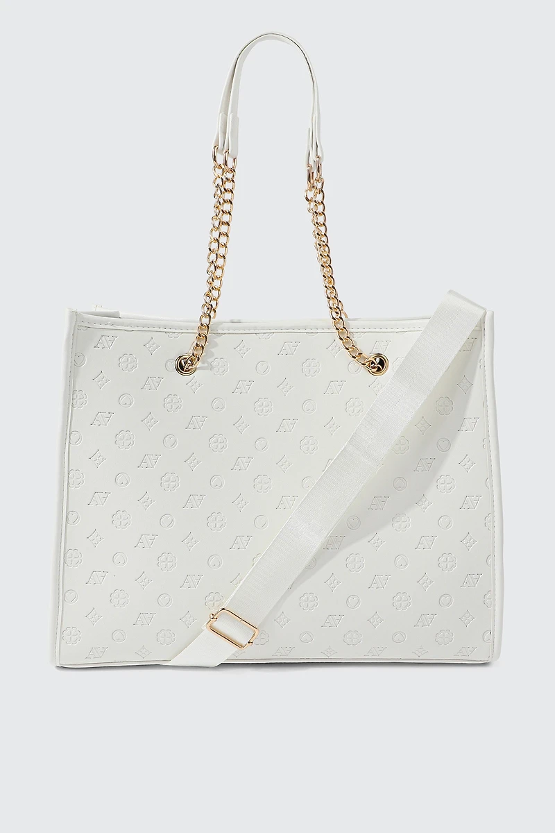 Ardene Monogram Tote Bag in White | 100% Recycled Polyester/Faux Leather | Eco-Conscious