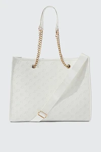 Ardene Monogram Tote Bag in White | 100% Recycled Polyester/Faux Leather | Eco-Conscious
