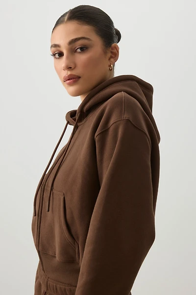 Ardene MADESOFT Fleece Short Zip Up Hoodie in Mocha | Size | Polyester/Cotton | Eco-Conscious