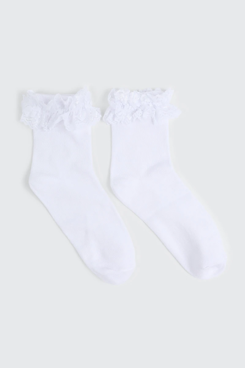 Ardene Lace Frill Crew Socks in White | Polyester/Spandex