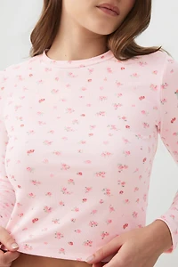 Ardene Fruit Print Super Soft Rib PJ Top in Light Pink | Size Small | Polyester/Elastane | Eco-Conscious
