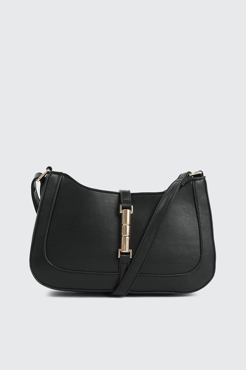 Ardene Baguette Bag with Clasp in Black | Faux Leather/Polyester
