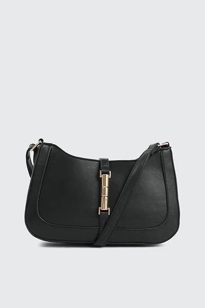 Ardene Baguette Bag with Clasp in Black | Faux Leather/Polyester