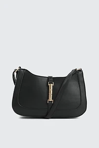 Ardene Baguette Bag with Clasp in Black | Faux Leather/Polyester