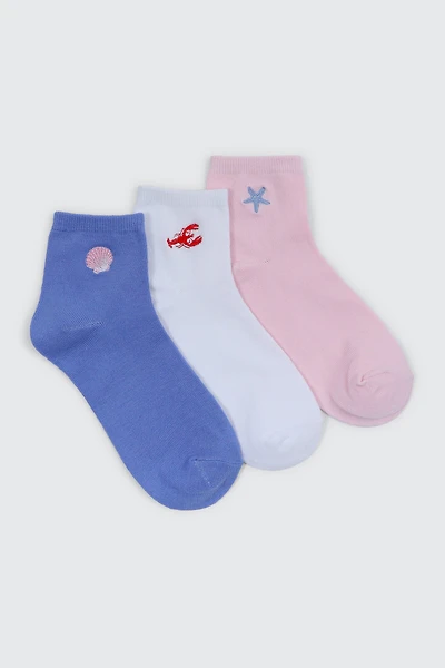 Ardene 3-Pack Demi Crew Socks with Embroideries | Polyester/Spandex