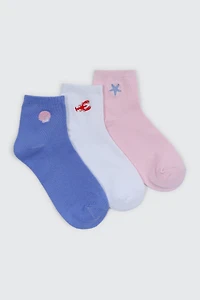 Ardene 3-Pack Demi Crew Socks with Embroideries | Polyester/Spandex