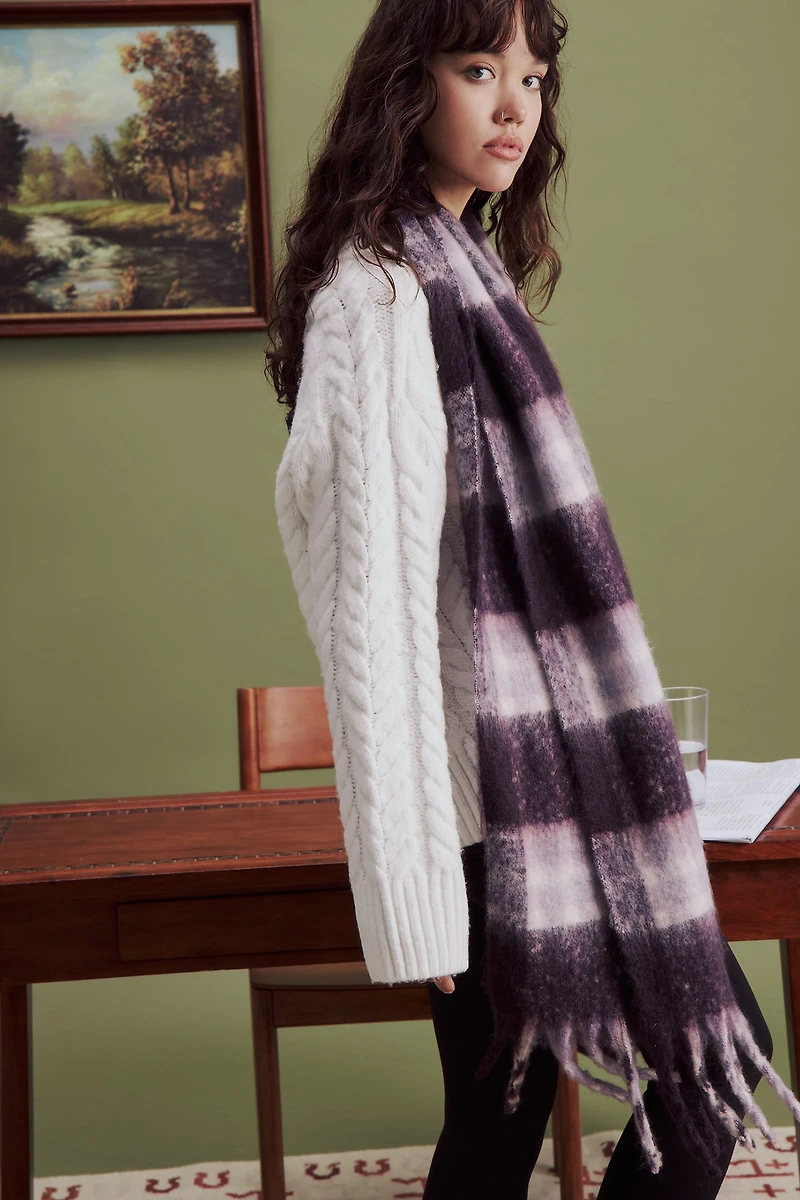 Ardene Plaid Fuzzy Scarf in Dark Purple | Polyester