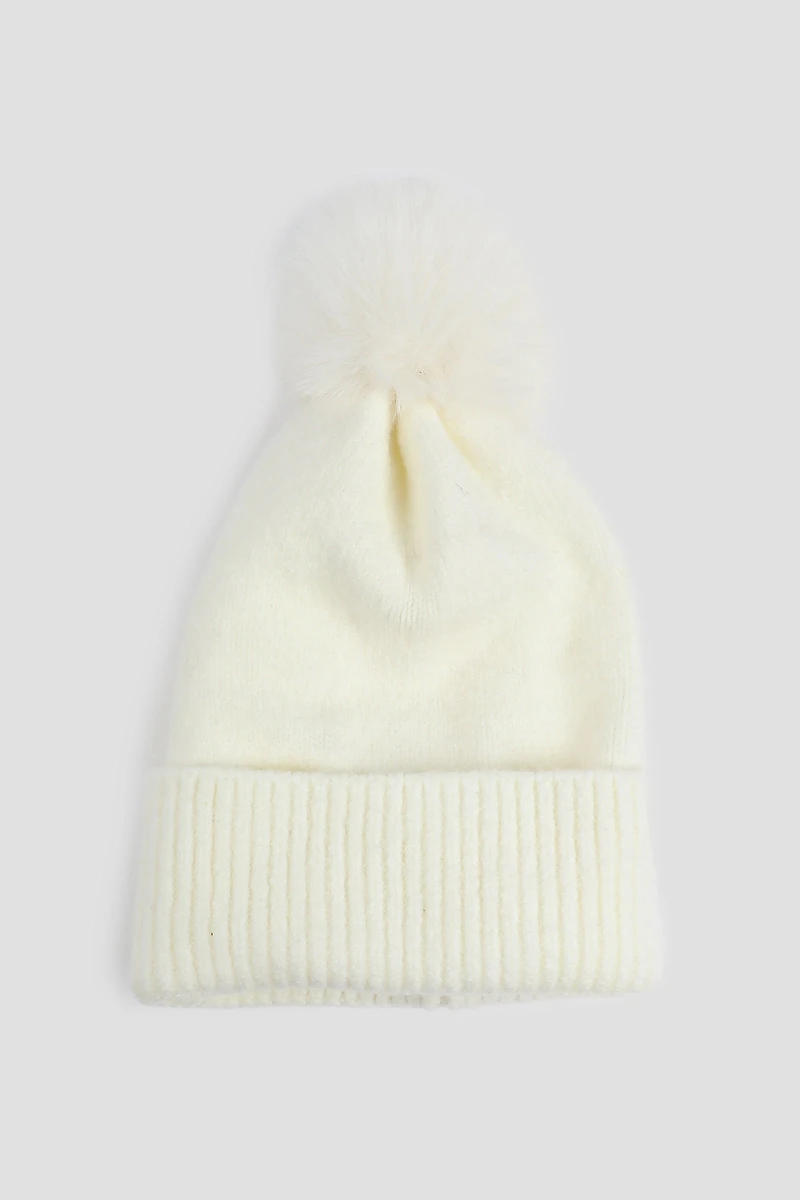 Ardene Soft Beanie with Pompom in Off-White | Polyester