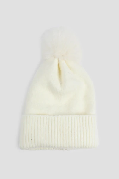 Ardene Soft Beanie with Pompom in Off-White | Polyester
