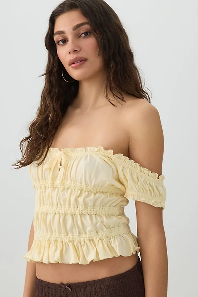 Ardene Smocked Crop Top in Light Yellow | Size | Polyester/Cotton/Elastane