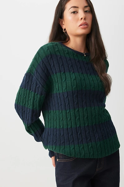 Ardene Striped Cable Knit Sweater in Dark Green | Size | Polyester/Nylon