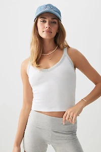 Ardene Basic Contrast Trim V-Neck Tank Top in White | Size | Cotton/Elastane | Eco-Conscious
