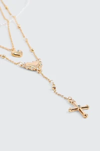 Collier 3 rangs à pendentifs de cœur et de croix