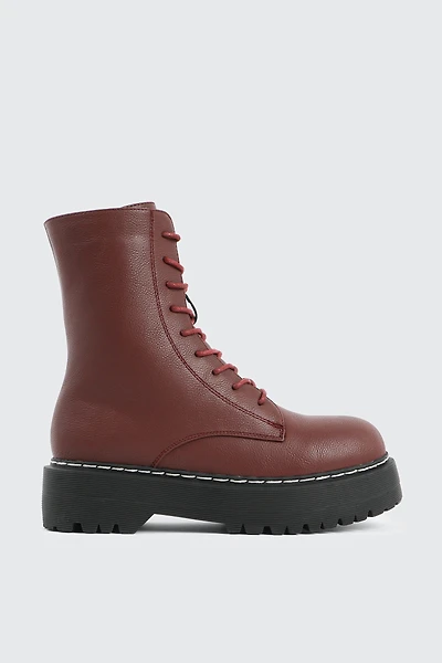 Ardene Chunky Sole Combat Boots in Burgundy | Size | Faux Leather