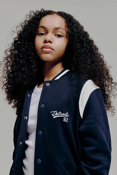 Ardene Kids Fleece Lined Varsity Jacket in Dark Blue | Size | Polyester/Cotton | Fleece-Lined