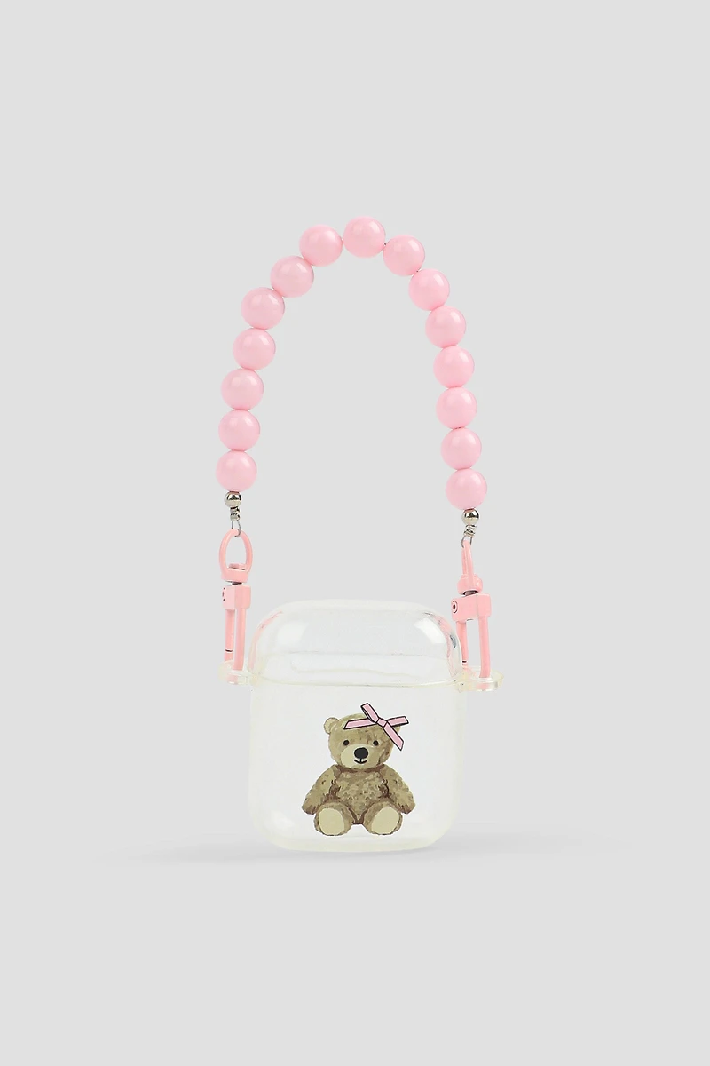 Ardene Teddy Bear AirPods case with Pearl Strap in Light Pink