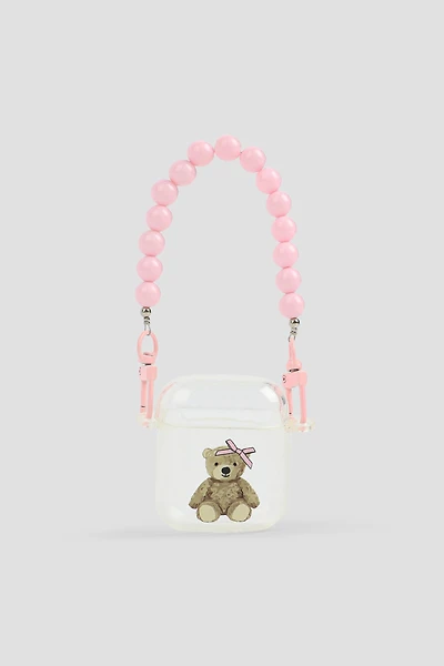Ardene Teddy Bear AirPods case with Pearl Strap in Light Pink