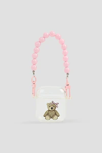 Ardene Teddy Bear AirPods case with Pearl Strap in Light Pink
