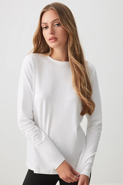 Ardene Basic Long Sleeve T-Shirt in White | Size | Cotton/Elastane | Eco-Conscious