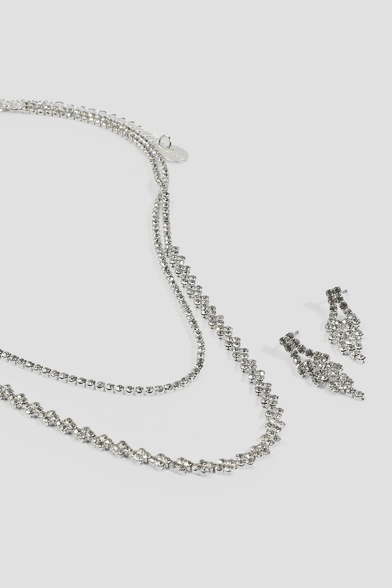 Ensemble collier deux rangs et boucles à strass