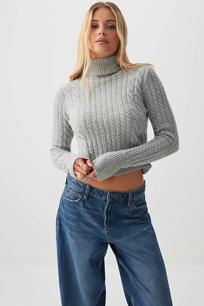 Ardene Cable Knit Crop Turtleneck Sweater in Grey | Size | Polyester/Spandex
