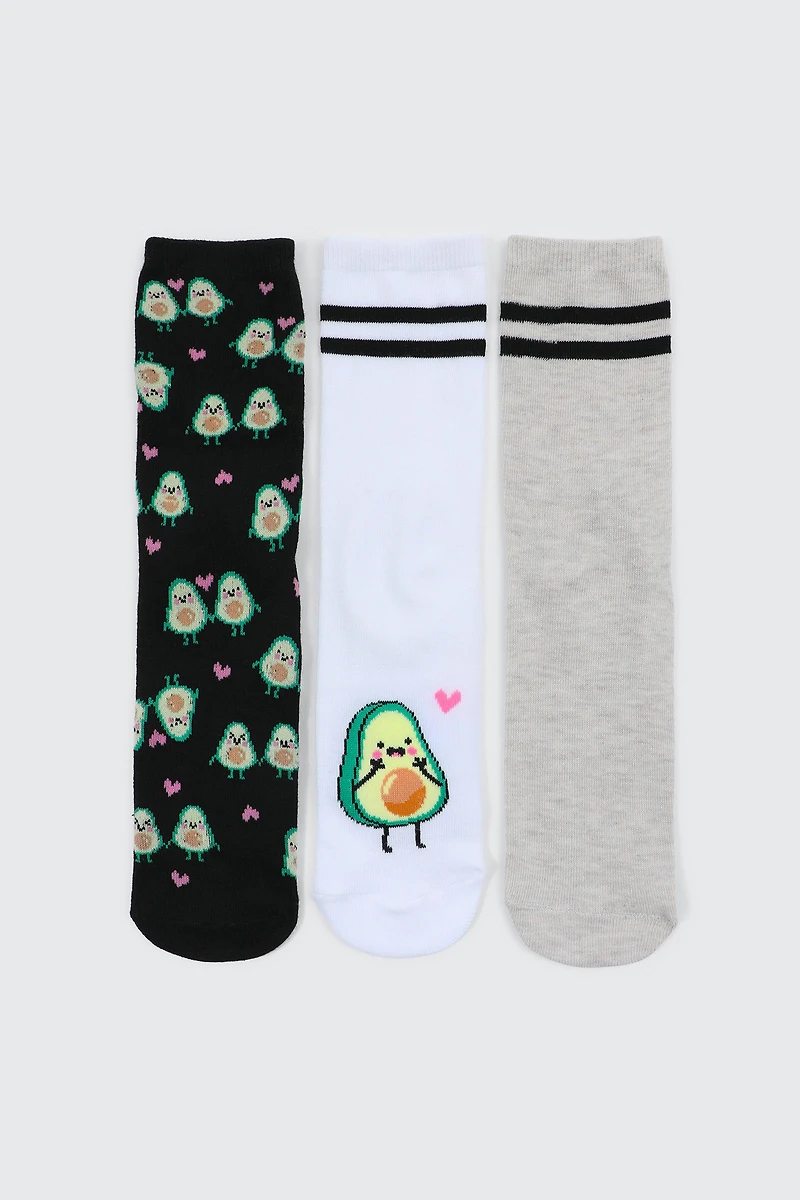 Ardene 3-Pack Avocado Print Crew Socks | Polyester/Spandex