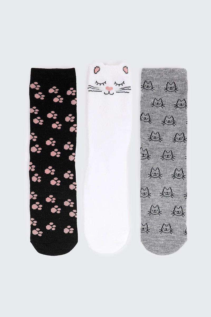 Ardene Kids 3-Pack Cat Crew Socks | Polyester/Spandex