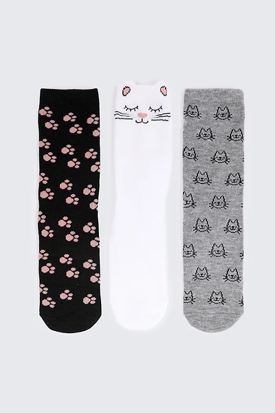 Ardene Kids 3-Pack Cat Crew Socks | Polyester/Spandex