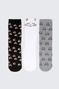 Ardene Kids 3-Pack Cat Crew Socks | Polyester/Spandex