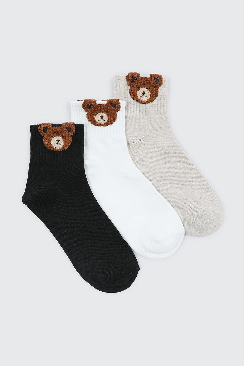 Ardene 3-Pack Fuzzy Bear Demi Crew Socks in Brown | Polyester/Spandex