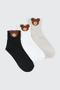 Ardene 3-Pack Fuzzy Bear Demi Crew Socks in Brown | Polyester/Spandex